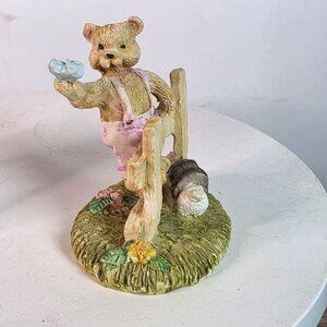 Vintage Artmark Bear Figurine Holding Bird Decorative Collectible With Fence & B